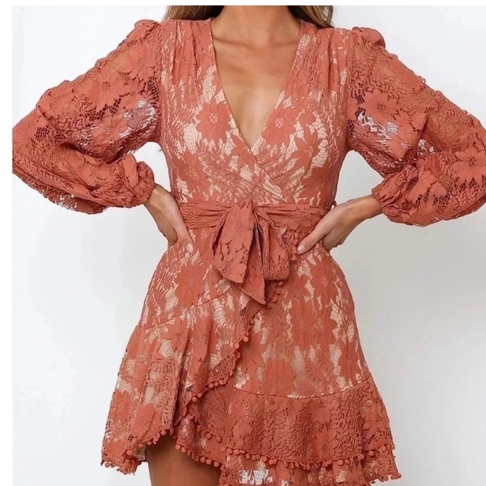 Halfisland Rust Floral Lace Wrap Mini Dress Long Balloon Sleeve Pom Pom Trim S